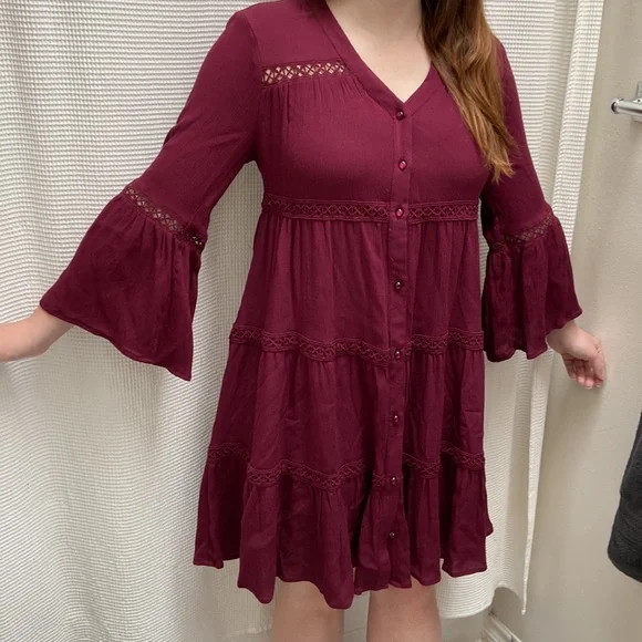 NWT Women’s Knox Rose Bohemian wine red flowy long-sleeved dress. Size small. - Picture 3 of 16